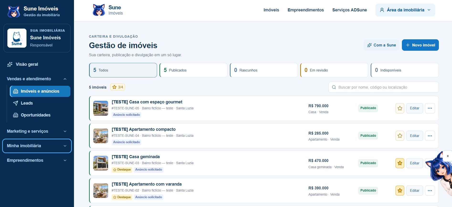 Painel de gestão de imóveis do Sune Imóveis exibido em um notebook