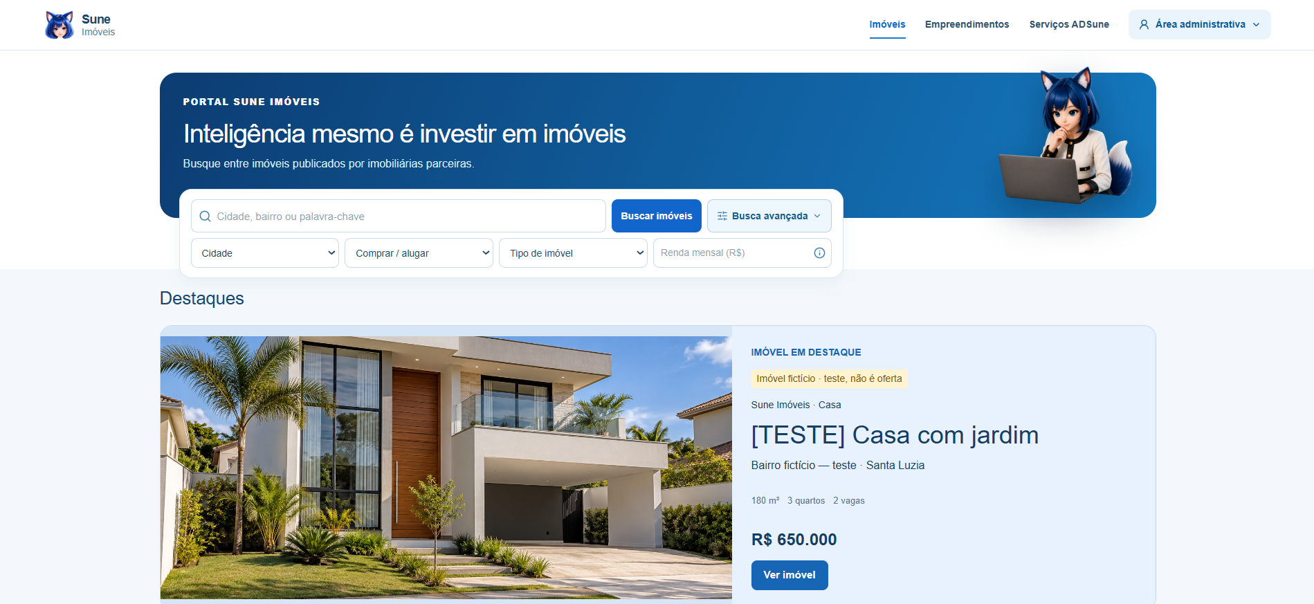 Portal Sune Imóveis com catálogo de imóveis
